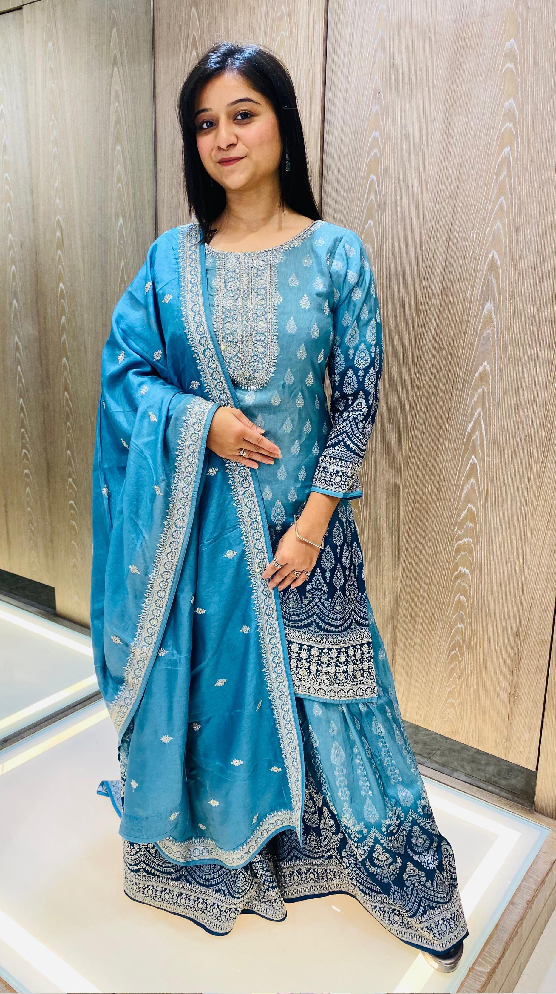 Blue Color Soft Silk Diamond Work Palazzo Suit